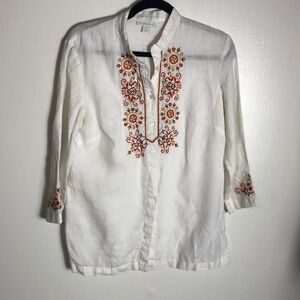 100% Linen Embroidered Top SzM By Charter Club Beachy Artsy Resort Medieval